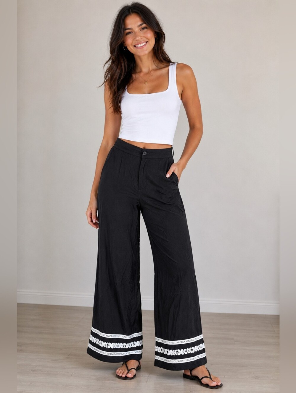 Rich & Famous Women's Small Black Wide Leg Palazzo Pants White Embroidered Hem